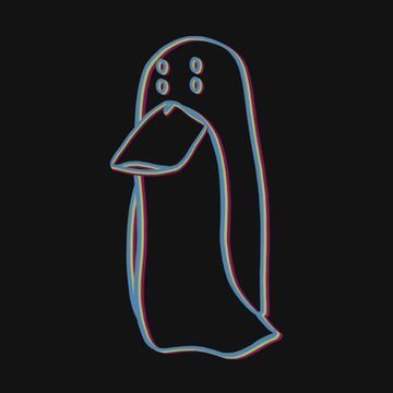 A minimalist line drawing of a penguin-like figure with four eyes, rendered in a 3D red-blue anaglyph style against a black background.