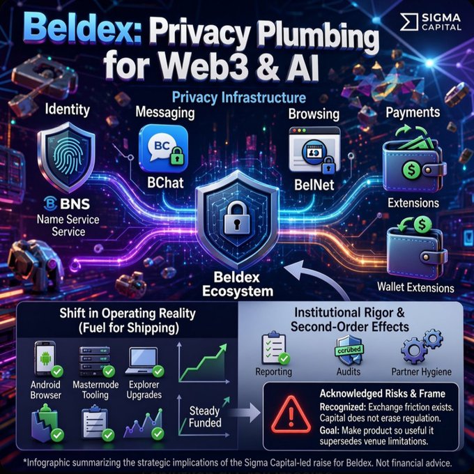 An infographic titled 'Beldex: Privacy Plumbing for Web3 & AI' by Sigma Capital, showcasing privacy infrastructure components like Identity (BNS), Messaging (BChat), Browsing (BelNet), and Payments, along with shipping updates and acknowledged risks.