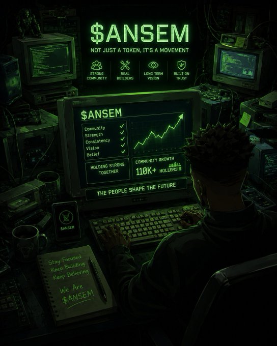 A dark green-themed promotional graphic for the $ANSEM cryptocurrency token with the tagline 'NOT JUST A TOKEN, IT'S A MOVEMENT', showing community growth of 110K+ holders and features like Strong Community, Real Builders, Long Term Vision, and Built on Trust.