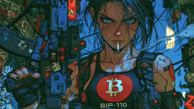 A vibrant cyberpunk-style illustration of a female character with blue eyes smoking a cigarette and holding a detailed rifle, wearing a tank top emblazoned with a Bitcoin 'B' logo and the text 'BIP-110'.