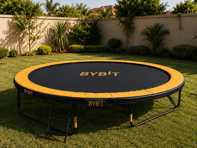 A round trampoline with a black jumping mat and orange safety padding branded with 'BYBIT' logos, set on a grassy lawn with tropical landscaping and a beige wall.