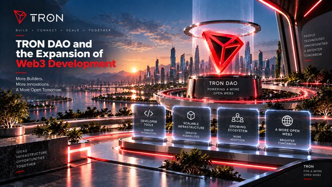 A promotional graphic for "TRON" featuring its red diamond logo and the headline "TRON DAO and the Expansion of Web3 Development" set against a futuristic cityscape, highlighting pillars like Developer Tools, Scalable Infrastructure, and a Growing Ecosystem.