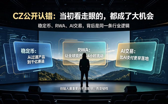 A presentation slide in Chinese featuring a silhouetted figure standing before three screens discussing stablecoins, RWA, and AI trading, with text reading 'CZ公开认错: 当初看走眼的，都成了大机会' and '创始人最重要的不是聪明，而是韧性.'