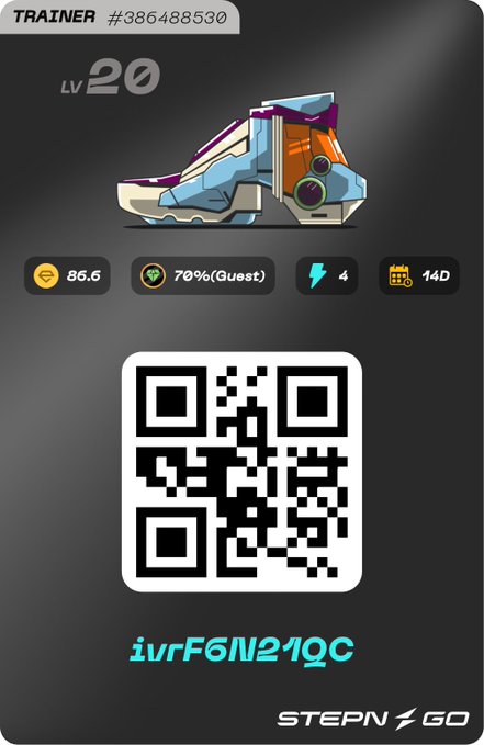 A STEPN GO app trainer card showing a Level 20 sneaker NFT with 86.6 coins, 70% quest progress, 4 energy, and 14D duration, with trainer ID #386488530 and a QR code.