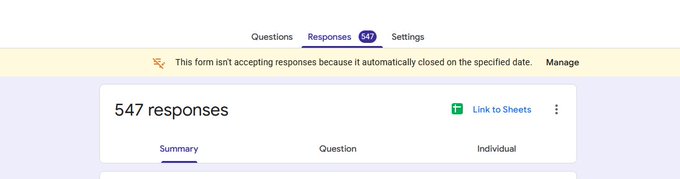 A screenshot of a Google Form showing '547 responses' tab with a message that the form isn't accepting responses because it automatically closed.