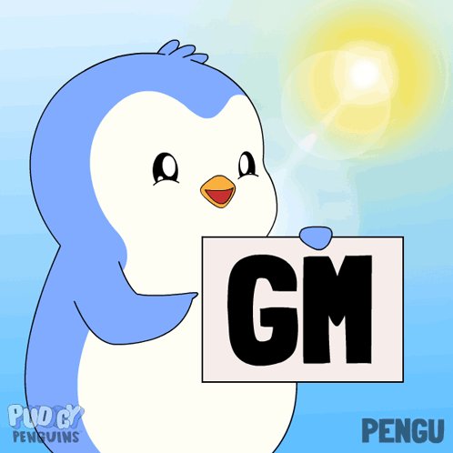 The image features a cartoon penguin holding up a sign that says "GM" written in black letters. The penguin appears to be standing against a blue sky, which adds to the overall visual appeal of the scene. The text on the sign is clearly visible and stands out against the background.