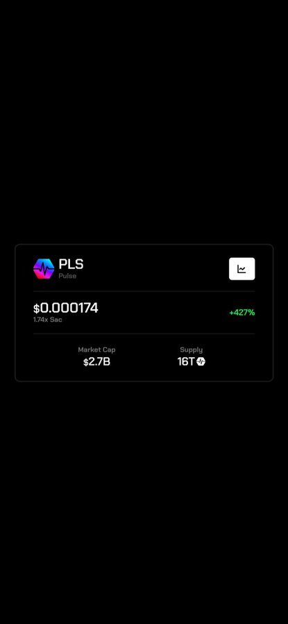 A dark-themed cryptocurrency tracker card displays the PulseChain ($PLS) token price at $0.000174, showing a 427% gain with a 1.74x leverage indicator, a $2.7B market cap, and a supply of 161T—visually supporting the post's claim about accumulating large quantities of $PLS at low prices.