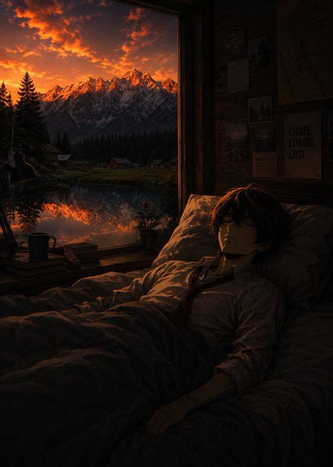 Anime-style digital artwork depicting a dark-haired young man sleeping peacefully in bed, with a window revealing a dramatic sunset over snow-capped mountains and a reflective lake, while a poster on the wall reads 'ESCAPE. EXPLORE. EXIST.'