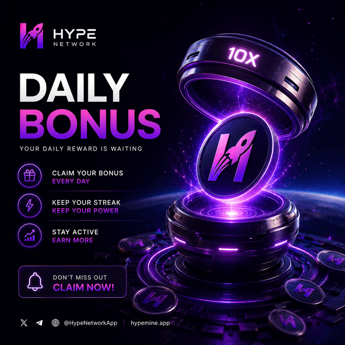 A neon purple "HYPE Network" promotional graphic advertises a "DAILY BONUS" system, featuring an open futuristic capsule displaying a glowing rocket-ship emblem above "10X"-marked coins, with bullet points urging viewers to "CLAIM YOUR BONUS EVERY DAY," "KEEP YOUR STREAK / KEEP YOUR POWER," and "STAY ACTIVE / EARN MORE," alongside a "CLAIM NOW!" call-to-action at hypemine.app.