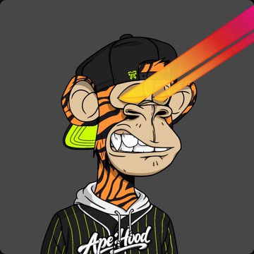 A digital illustration of a cartoon monkey character with orange and black tiger-stripe fur wearing a black and neon green baseball cap and an 'ApeMood' hoodie, firing a glowing laser beam from its eye.