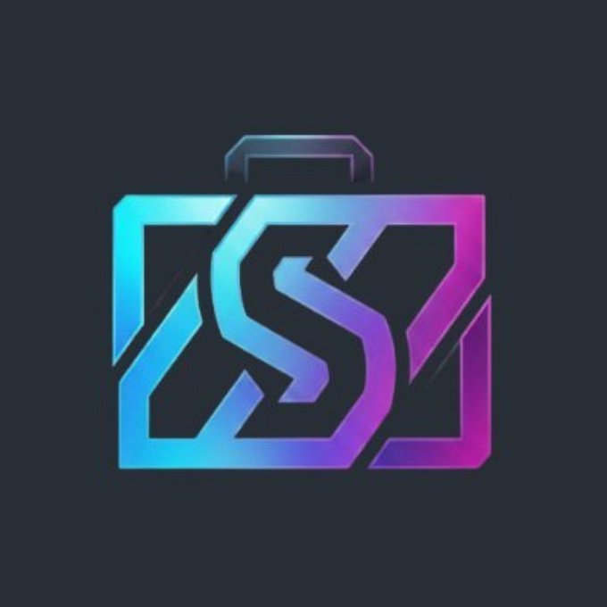 A stylized digital logo on a black background depicting a briefcase shape rendered in neon cyan, purple, and pink gradient lines.