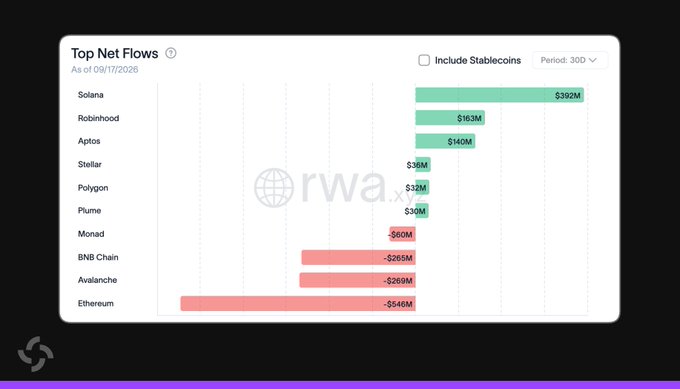 A bar chart titled 'Top Net Flows' from rwa.xyz showing cryptocurrency net flows over a 300-day period as of December 17, 2026, with Solana leading at +$382M and Ethereum at -$546M.