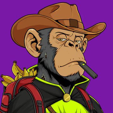 A cartoon illustration of a chimpanzee wearing a brown cowboy hat, smoking a cigar, and carrying a red backpack with bananas, set against a purple background.
