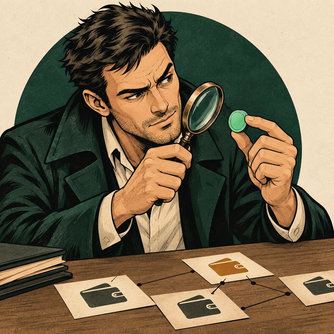 An illustrated portrait of a serious man holding a magnifying glass and a small green gem, examining items connected by strings on a desk.