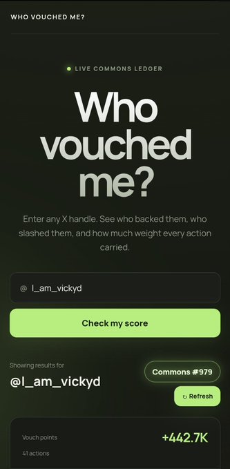 A screenshot of the "Who Vouched Me?" Live Commons Ledger tool showing that the handle @_I_am_vickyd has received +442.7K vouches across 41 actions, exemplifying the community-driven vouching insights highlighted in the post.