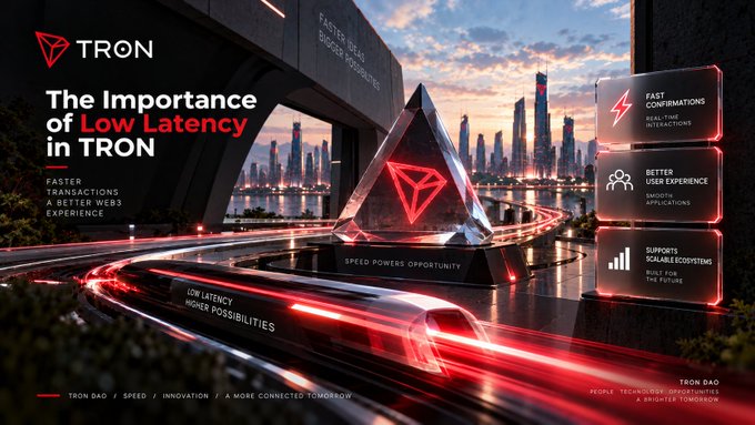 A marketing graphic for TRON blockchain titled "The Importance of Low Latency in TRON," featuring a futuristic cityscape with a glowing red TRON pyramid and speed-related feature callouts.