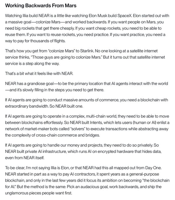 An article section titled 'Working Backwards From Mars' drawing parallels between Elon Musk's SpaceX strategy and NEAR's approach, mentioning NEAR's Intents feature and private AI infrastructure built on encrypted hardware.