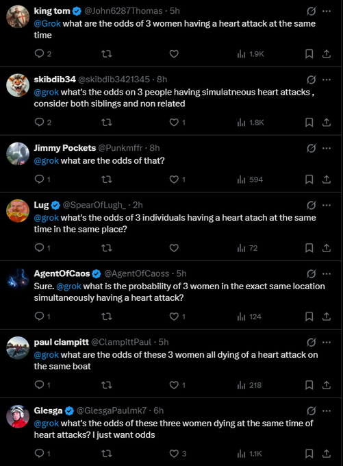 A series of Twitter/X posts where users ask @Grok to calculate the odds of multiple women having simultaneous heart attacks in the same location, with varying engagement metrics from accounts including king tom, skidbid34, Jimmy Pockets, Lug, AgentOfCaos, paul clampitt, and Glesga.