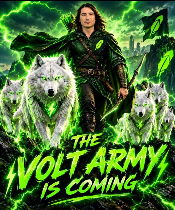 A fantasy-style promotional poster titled 'THE VOLT ARMY IS COMING' featuring a long-haired archer in green attire accompanied by white wolves with glowing green eyes against a stormy green sky.