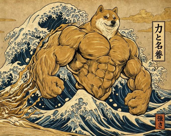 A muscular Shiba Inu with exaggerated biceps rises triumphantly from a cresting wave in the style of Hokusai's "The Great Wave," with Japanese characters reading "力と名誉" (Power and Honor) and "強さ" (Strength) on red seals—capturing the bullish "LFG" energy and confident "we never left" spirit of the post.