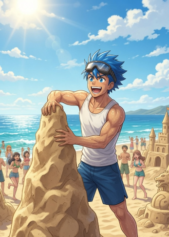 An anime-style illustration of a blue-haired character with goggles on his head, building a sandcastle on a sunny beach while other beachgoers enjoy the seaside in the background.