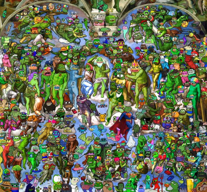 A densely packed illustration parodying Michelangelo's 'The Creation of Adam,' featuring hundreds of Pepe the Frog characters in place of the original figures, with the meme frog in the center.