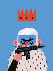 An illustration of a character with a crown, crying with blood tears while holding an assault rifle, wearing a feathered cloak against a blue background.