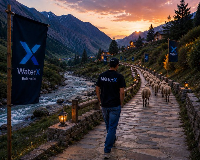 A scenic mountain pathway at sunset featuring a man in a 'WaterX Built on Sui' t-shirt walking alongside sheep, with matching branded banners lining the trail.