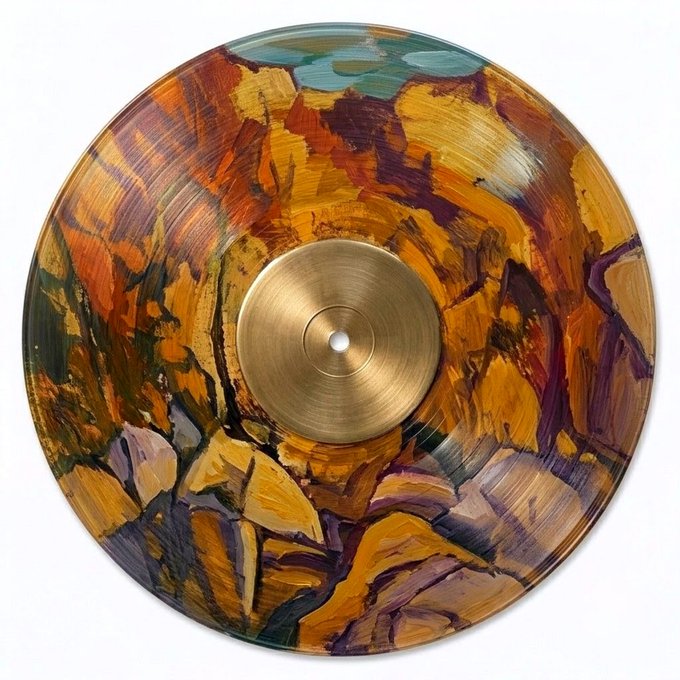 A round vinyl record or disc decorated with abstract painted brushstrokes in earthy tones of yellow, orange, purple, and green, with a brass center label.