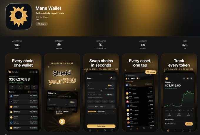 An app store listing for 'Mane Wallet', a self-custody crypto wallet, showing features like multi-chain support and a total balance of $267,276.88.