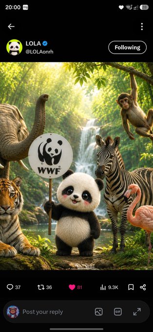 A social media post by user LOLA (@LOLAonh) showing a cute panda holding a WWF sign surrounded by an elephant, monkey, zebra, tiger, and flamingo.