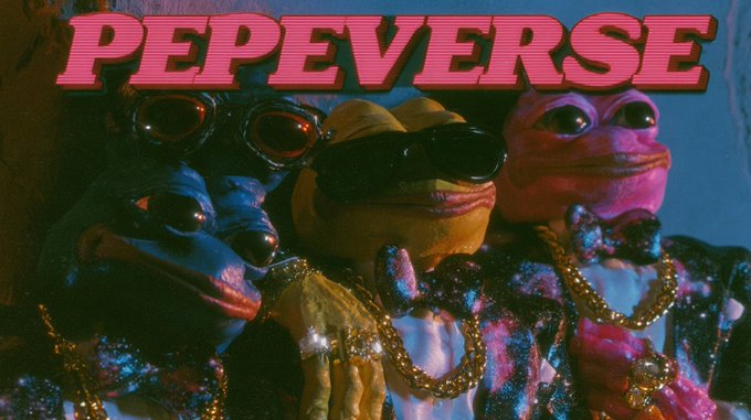 Three frogs wearing sunglasses and gold chains pose together in a stylized image with the bold pink text 'PEPEVERSE' at the top.