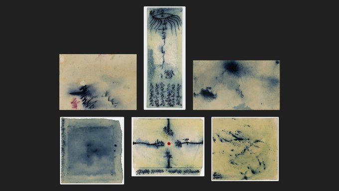 A collection of six abstract mixed-media artworks arranged in a cross pattern on a black background, featuring ink washes, text fragments, and small collage elements.