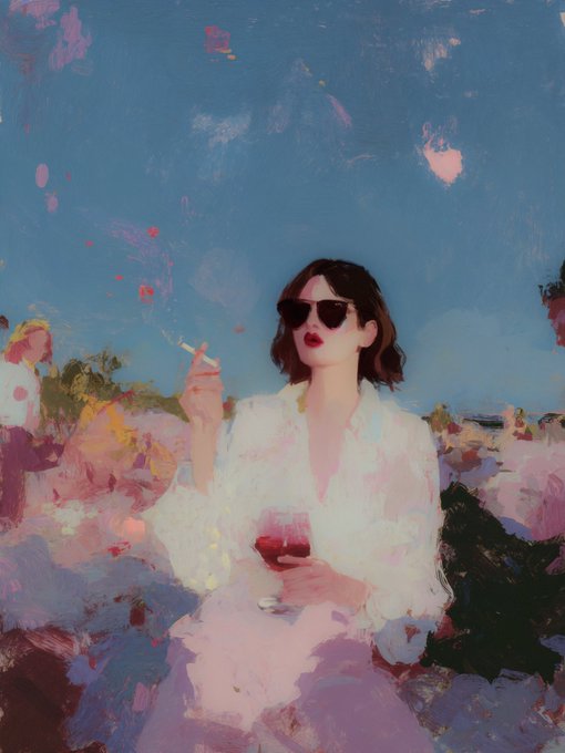 A painterly artwork of a woman wearing sunglasses, holding a cigarette and a glass of red wine, dressed in a white blouse with a pink skirt against a vibrant blue sky.