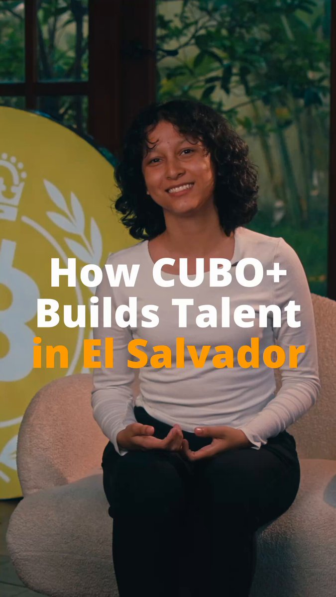 The image features a young woman sitting in a chair, smiling for the camera while wearing a white shirt. The background includes a yellow sign that reads "How CUBO+ builds talent in El Salvador".