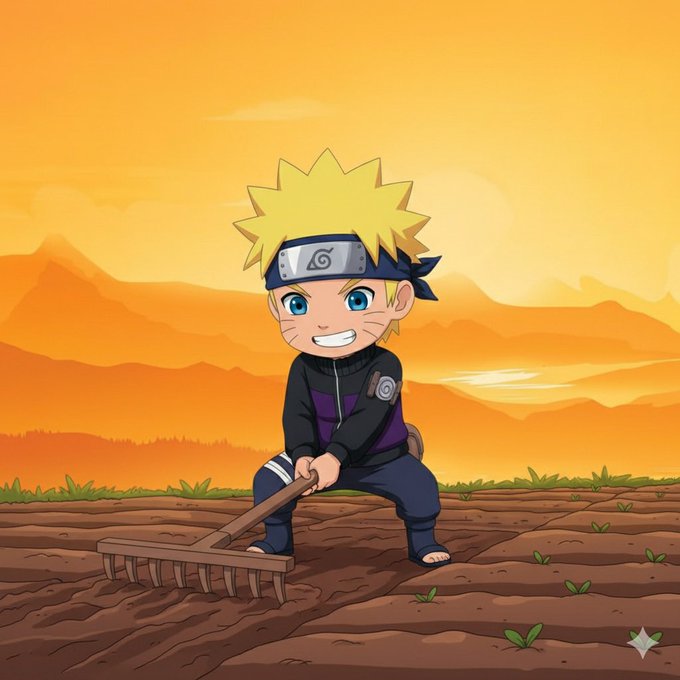 A chibi-style Naruto Uzumaki, wearing his iconic Hidden Leaf headband, smiles brightly while raking soil at sunset—a wholesome "good morning" twist on his farmer-ninja roots, fitting the cheerful "gm" energy of the post.