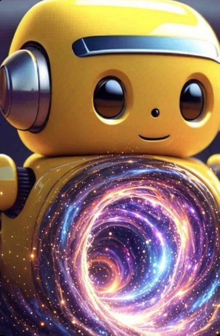 A 3D-rendered yellow robot with cute black eyes smiles while holding a swirling galaxy-like vortex of purple, pink, and blue cosmic energy on its chest.