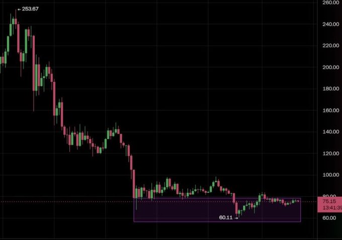 A candlestick chart showing a steep decline from a peak of 253.67 down to a support range around 60.11 to 78.15, with a highlighted purple rectangular zone indicating accumulation at the bottom.