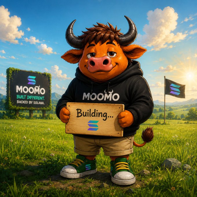 A cartoon bull mascot character wearing a black 'MOOMO' hoodie holding a 'Building...' sign, with branding noting 'BUILT DIFFERENT. BACKED BY SOLANA.'