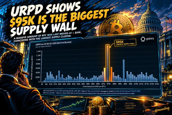 A Galaxy chart displays the URPD for Bitcoin across 02.08.20–2026 (no first bucket), revealing a massive $95K supply wall—the largest cost-bands cluster where 16,314,410 BTC sit across 99 cost-bands averaging ~$74,454—with 99 wallets (590,861–666,602 BTC) forming the heaviest concentration that last moved around $95K. This visually supports the post's claim by highlighting a dense supply zone between roughly $62K–$65K that has flipped from ceiling to floor, illustrating where buyers are likely to defend price on any pullback.