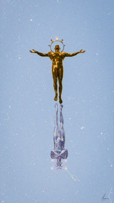 A surreal artwork showing a golden statue-like figure with arms outstretched floating above against a blue sky, with a mirrored reflected figure appearing inverted below it.