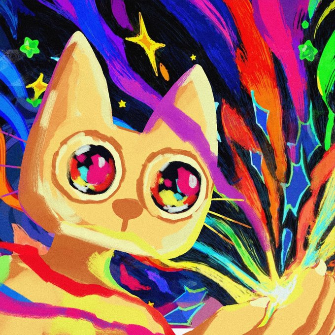A vibrant, colorful digital illustration of an orange cat with large, multi-colored eyes, wearing a red scarf and surrounded by a psychedelic background of stars and paint strokes.