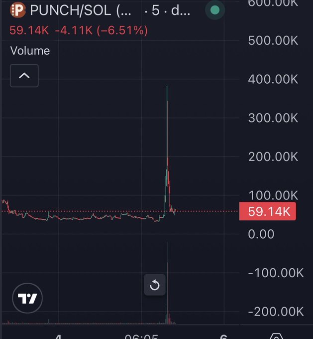A cryptocurrency trading chart shows PUNCH/SOL trading pair with a significant volume spike, currently at 59.14K (-6.51%).