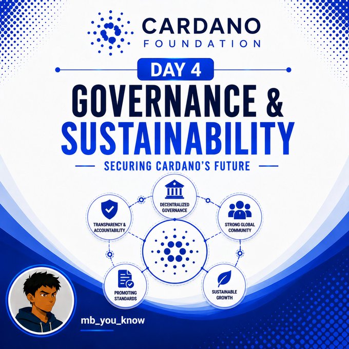 A Cardano Foundation infographic titled 'DAY 4 GOVERNANCE & SUSTAINABILITY - SECURING CARDANO'S FUTURE,' featuring pillars like Decentralized Governance, Transparency & Accountability, and Promoting Standards, with creator credit 'mb_you_know.'