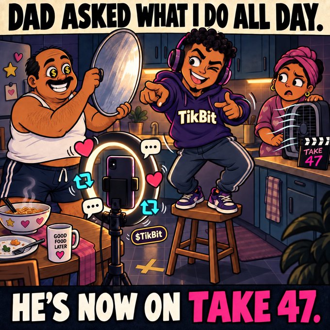 Cartoon illustration captioned 'DAD ASKED WHAT I DO ALL DAY. HE'S NOW ON TAKE 47,' showing a young person in a 'TikBit' hoodie filming content on a ring light while their father holds a reflector and their mother looks on near a fan labeled 'TAKE 47.'
