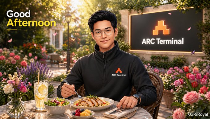 An image showing a man at an outdoor cafe with 'Good Afternoon' text and 'ARC Terminal' branding on his shirt and a sign behind him, credited to '0xRiRoyal'.