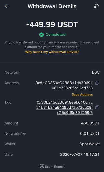 The image shows a "Withdrawal Details" screen for -449.99 USDT (Completed) on the BSC network to address 0x8eCD859aC4B8B11db30691, dated 2026-07-07. The screenshot appears to be a staged fake notification used to falsely advertise a $450 USDT giveaway, mimicking Binance's withdrawal interface to deceive followers into believing they've received a real crypto reward as part of a scam engagement scheme.