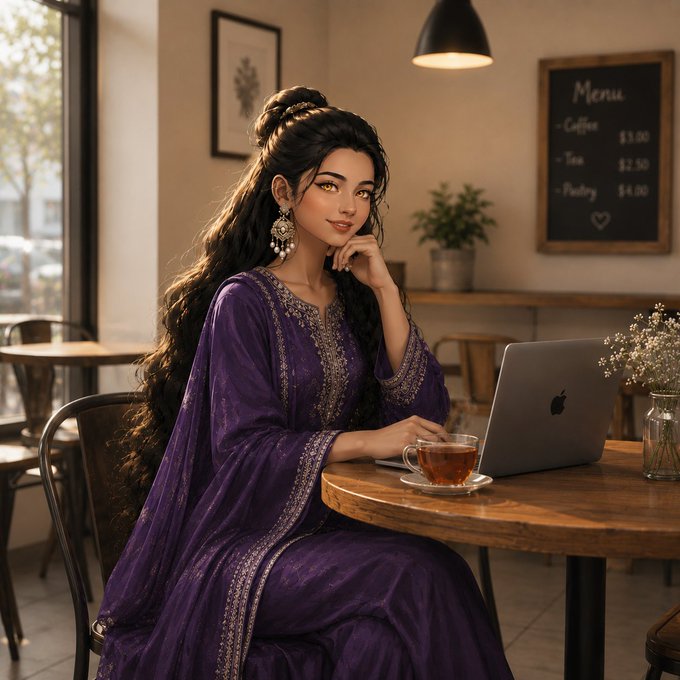 An illustrated woman in a purple dress sits at a cafe table with a laptop and tea, with a menu board showing Coffee $3.00, Tea $2.50, and Pastry $4.00 in the background.