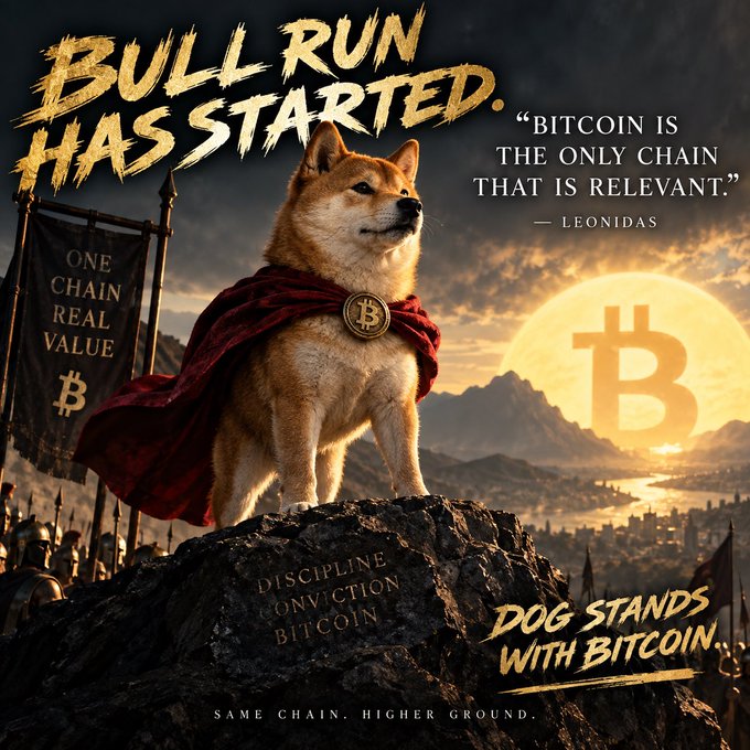 A dramatic, epic-style digital artwork of a Shiba Inu dog wearing a red cape and a Bitcoin medallion, standing on a rocky peak with text including 'BULL RUN HAS STARTED.' and 'DOG STANDS WITH BITCOIN.'
