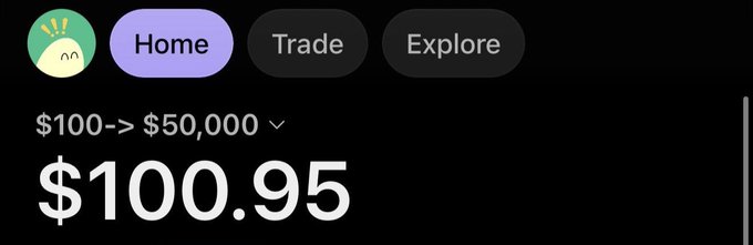 The image shows a trading app interface displaying a portfolio jump from "$100 -> $50,000" with a current balance of "$100.95," alongside navigation tabs for Home, Trade, and Explore. It visually represents the dramatic wealth-creation promise of the post, illustrating the journey from a modest $100 starting point to a target $50,000 amid the so-called "Solana Summer" memecoin boom.
